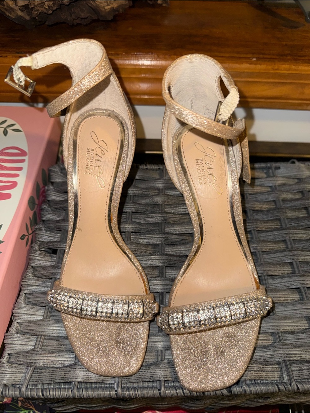 Badgley Mischka Champagne Gold Crystal-Strap Ankle-Strap Heels